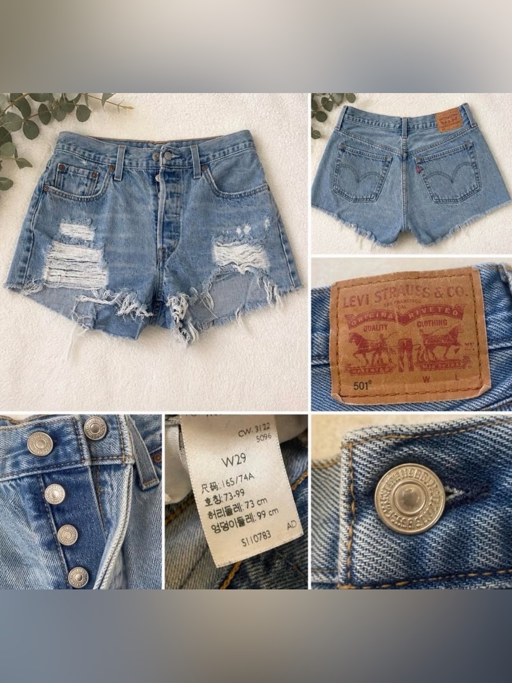 Levi’s 501 Distressed Denim Shorts W29 High Rise Button Fly Cutoffs Women
